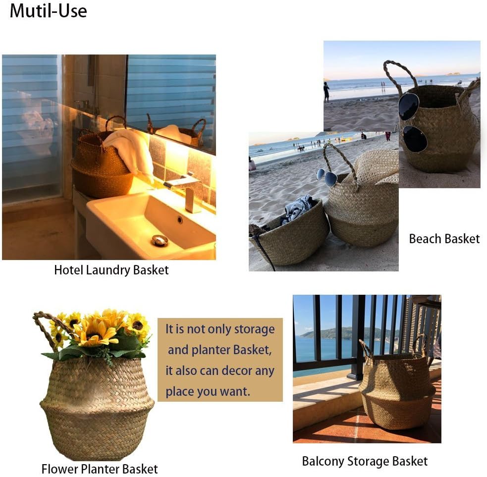 3er Set Wäschekorb - GOODCHANCEUK Faltbar Seegras Blumenkorb Handgewebt Blumen Stroh Korb für Pflanz