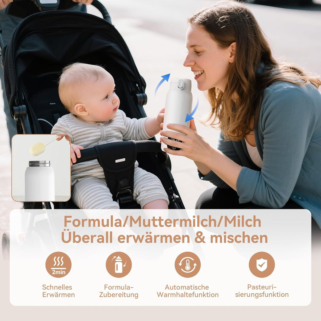 Tragbarer Flaschenwärmer Baby Unterwegs, 3 min Schnellheizung für Muttermilch und Wasser, 500ml Kapa