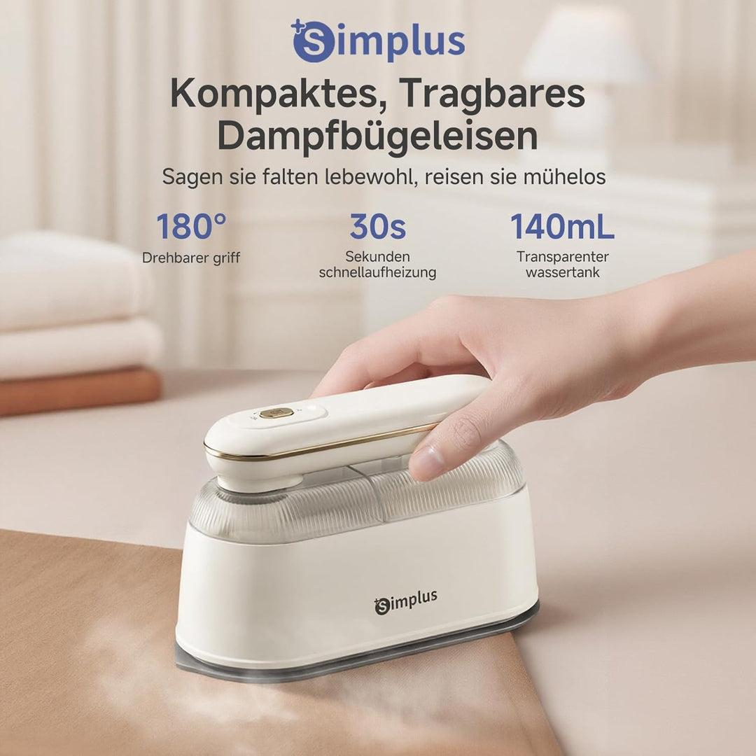SIMPLUS Dampfglätter 1000W, Reise-Dampfbügeleisen mit 180° drehbarem Griff, 30s schnelles Aufheizen,