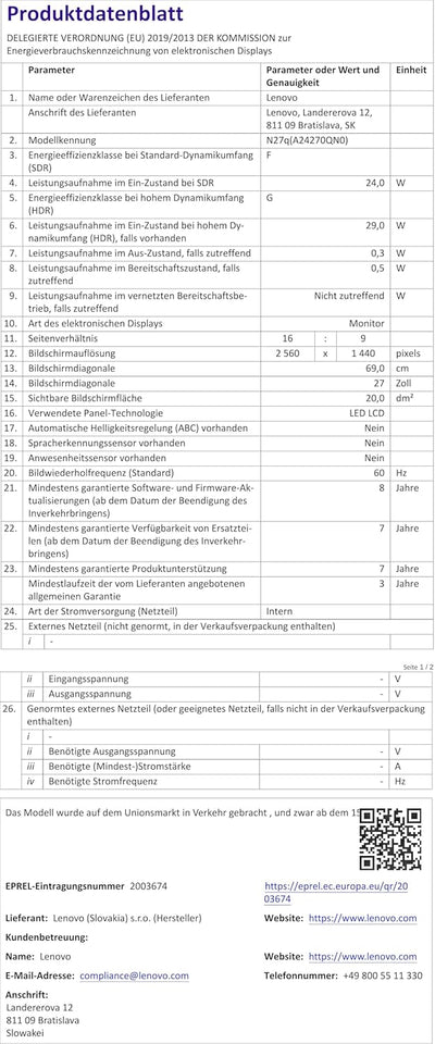 Lenovo N27q | 27" QHD Monitor | 2560x1440 | 100Hz | 300 nits | 4ms Reaktionszeit | HDMI | DisplayPor