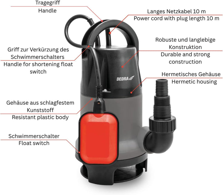 DEDRA Tauchpumpe für sauberes und verschmutztes Wasser Garden stark 900W, Turbine für 14500/min Volu