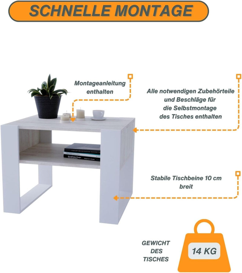 CraftPAK Wohnzimmer Tisch für Couch aus hochwertigem Holz, Stabiler & moderner Couchtisch mit zusätz