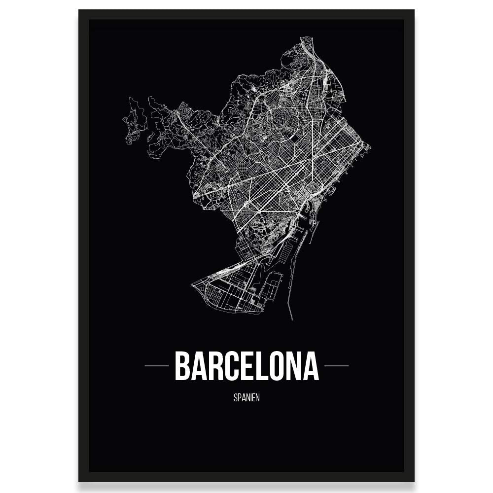JUNIWORDS Stadtposter, Barcelona, Wähle eine Grösse, 21 x 30 cm, Poster mit Rahmen, Schrift B, Schwa