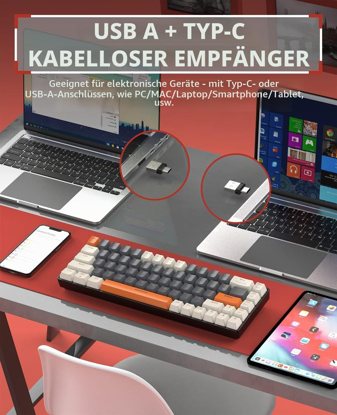 MAGIC-REFINER RK68 Kabellose Mechanische Gaming-Tastatur, Dual-Mode 2.4G Wireless/Bluetooth, 60% Pro