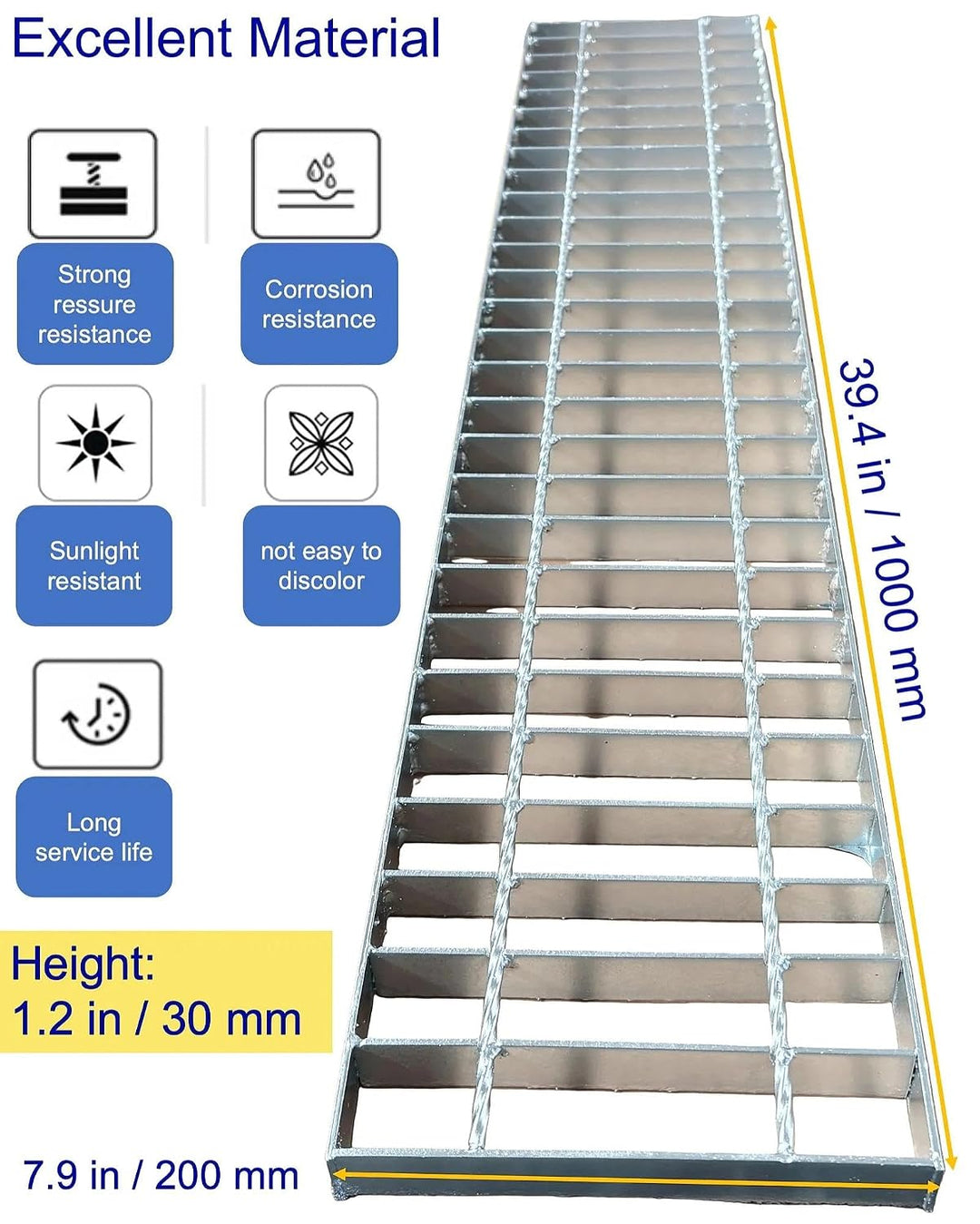 Gitterrost Verzinkt 1000x200 mm, B125 Schwerlast Ablaufrost für Einfahrt & Hof, Feuerverzinkter Stah