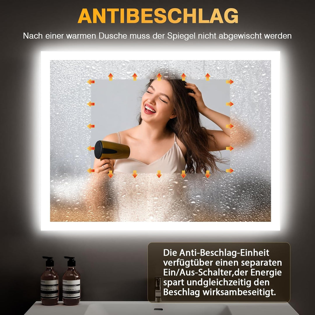 Badezimmer Spiegel mit Beleuchtung, 80 x 60cm LED Spiegel Bad mit Licht, Antibeschlag, Badezimmerspi