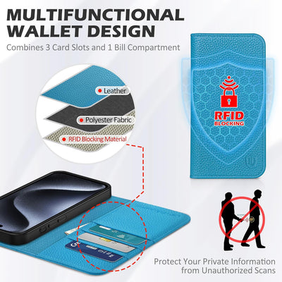 SHIELDON Hülle für iPhone 15 Pro Max 5G, Schutzhülle [Rindsleder] [Kartenfach] [Magnetverschluss] [S