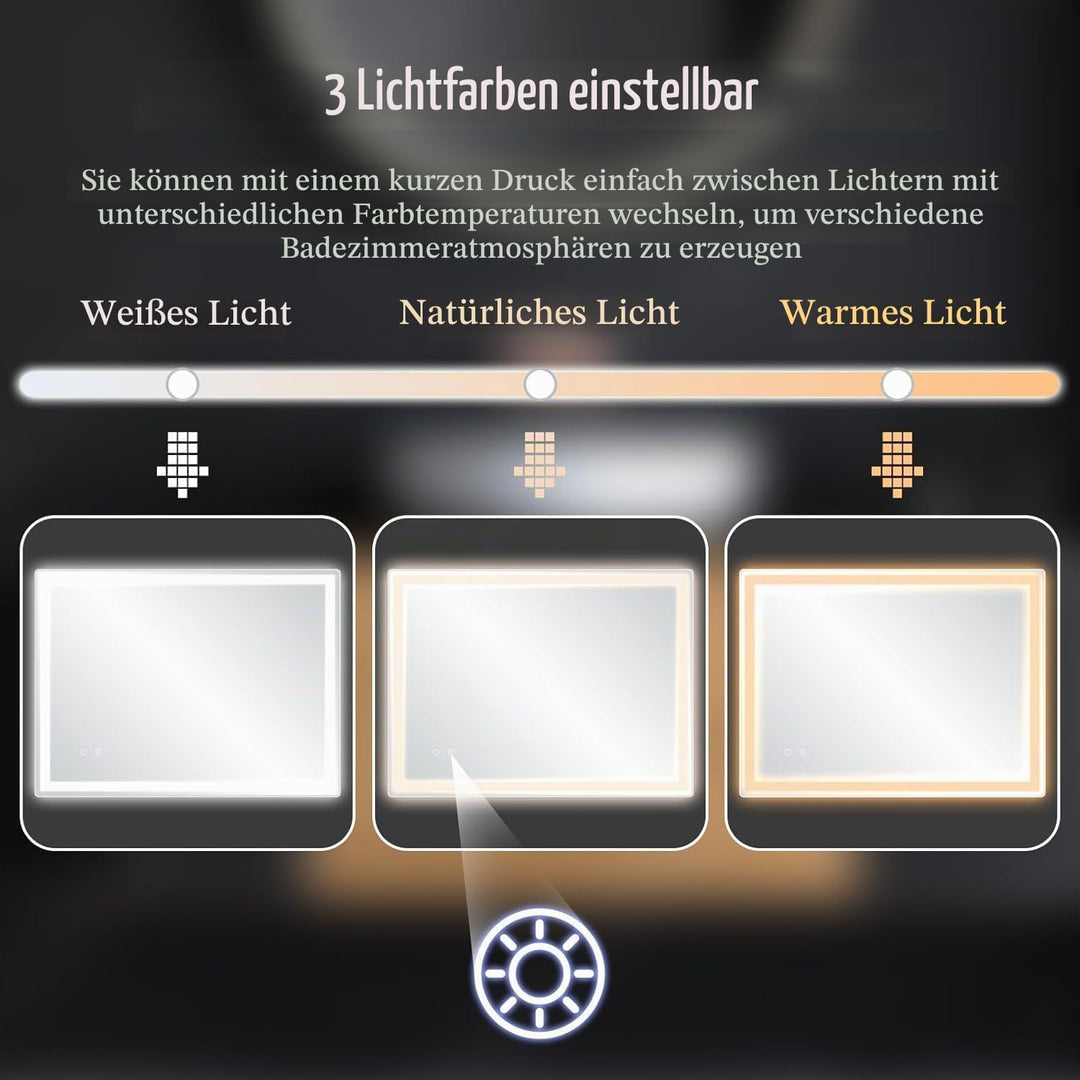Clevich Rechteckiger LED Badspiegel mit Beleuchtung 80x60 cm, Anti-Beschlag | 3 Lichtfarben stufenlo