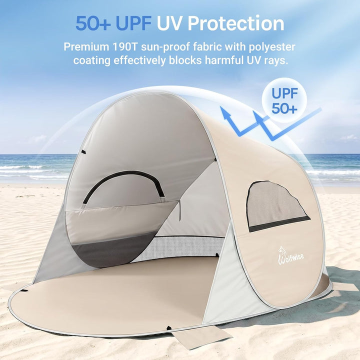 Wolfwise Pop Up Strandmuschel für 4 Personen, Sofort Aufbau, UV-Schutz 50+, Wasserabweisend, Belüfte
