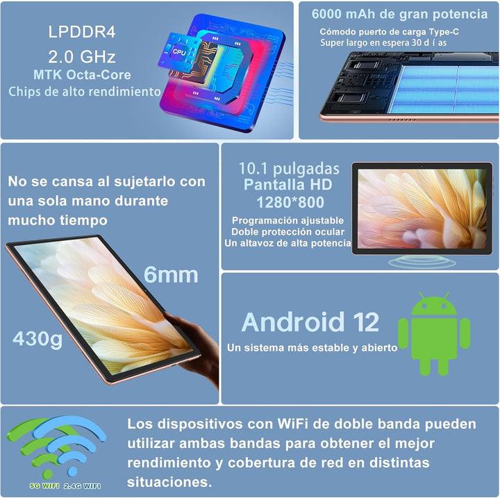DMOAO Tablet 10 Zoll Android mit 5G WLAN, 8GB RAM + 64GB ROM(TF 1TB), Octa-Core 2.0 GHz, BT 5.0, Fac