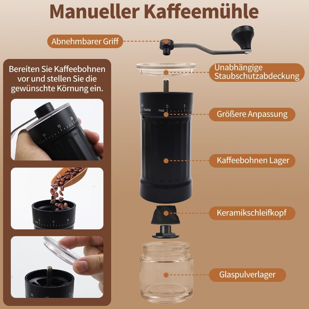 Kaffeemühle Manuell, Handmühle Kaffee Schwarz, Manuelle Kaffeemühle mit Keramikmahlwerk, 40-stufige