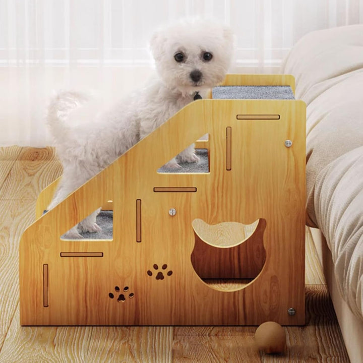 Hunderampe,Stabile rutschfeste Holztreppe für Hunde und Katzen - 3-Stufen-Hundetreppe für hohe Bette