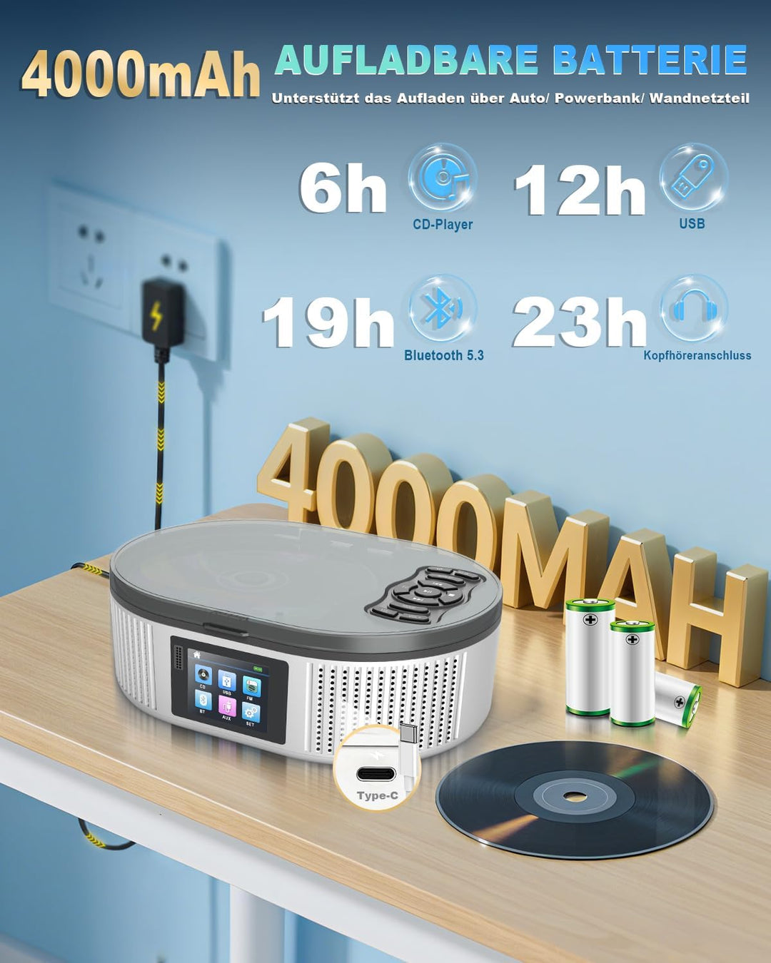 Tragbarer CD Player, CD Player Bluetooth mit Dual Stereo Lautsprecher, 4000mAh Rechargeable Desktop
