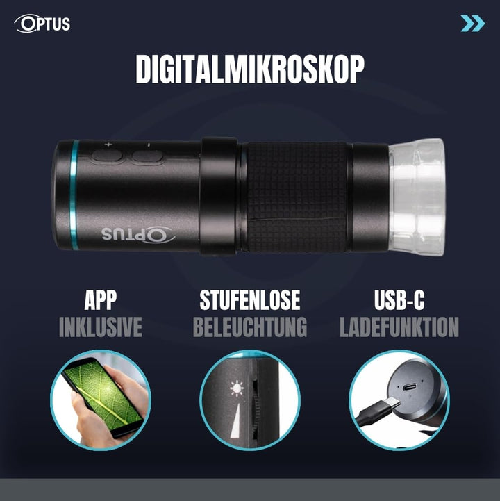Optus Digitalmikroskop WLAN Full-HD 50x-300x mit Video- und Fotoaufnahme LED dimmbar für Handy, Tech