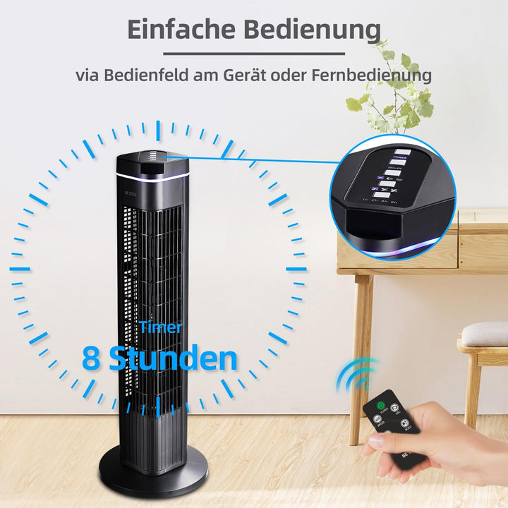 Be Cool Turmventilator 73cm mit Fernbedienung BC29STTFD – 73 cm, 50 Watt, 3 Windmodi, 8 Std. Timer,