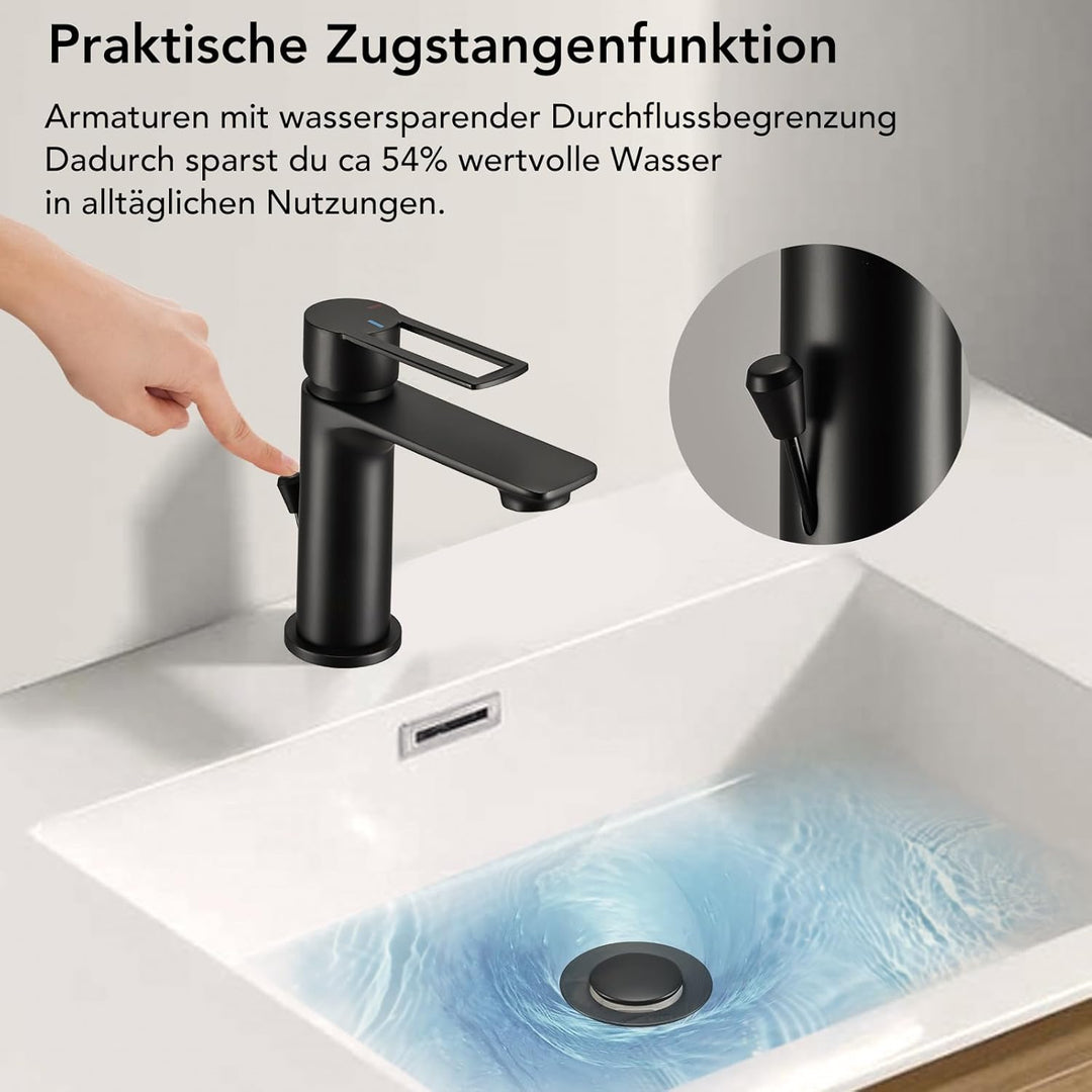 Wasserhahn Bad mit Zugstange, Einhebel-Waschtischarmatur mit Ablaufgarnitur, Schwarz Einhandmischer