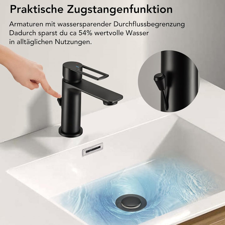 Wasserhahn Bad mit Zugstange, Einhebel-Waschtischarmatur mit Ablaufgarnitur, Schwarz Einhandmischer