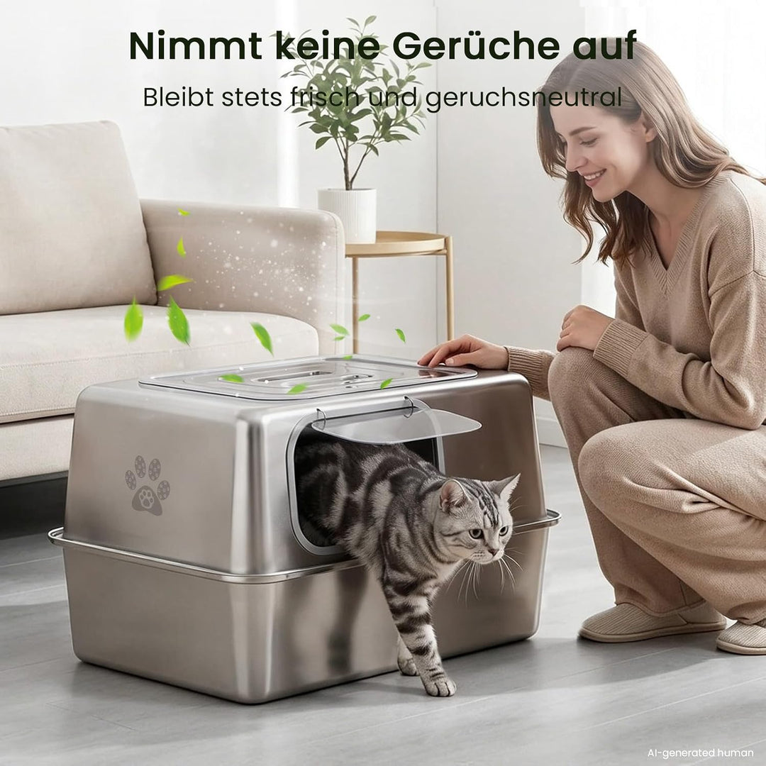 PTLOM XXL Katzenklo Edelstahl, Auslaufsicheres Katzenklo mit Deckel, grossem Metall-Streubehälter, G