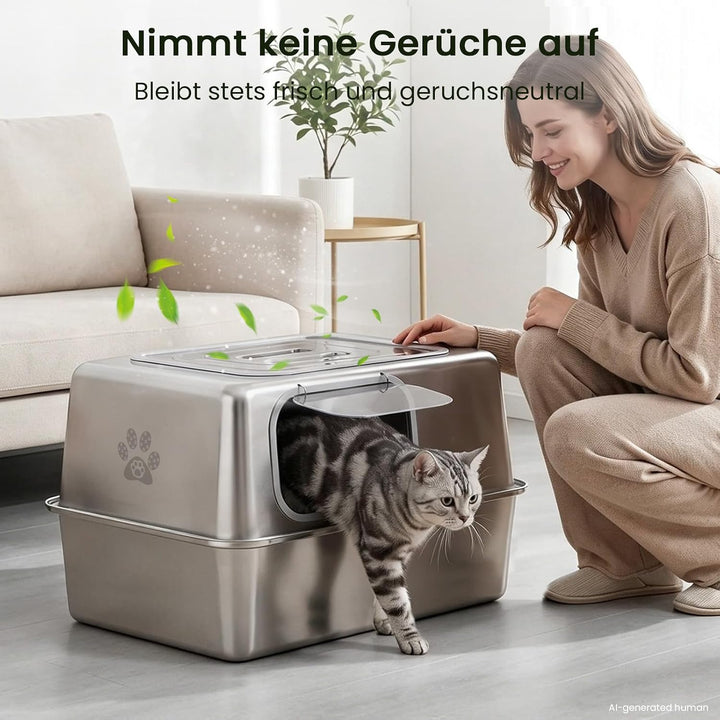 PTLOM XXL Katzenklo Edelstahl, Auslaufsicheres Katzenklo mit Deckel, grossem Metall-Streubehälter, G