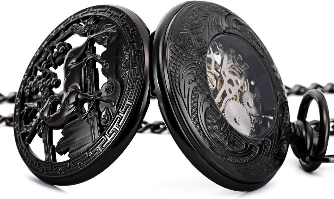 Treeweto Vintage Taschenuhr, mechanisch, doppelter Abdeckung, hohles Gehäuse, Skelett, Steampunk, Hi