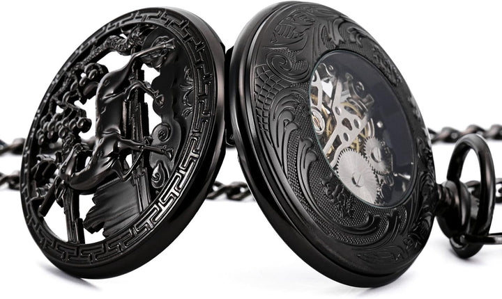 Treeweto Vintage Taschenuhr, mechanisch, doppelter Abdeckung, hohles Gehäuse, Skelett, Steampunk, Hi