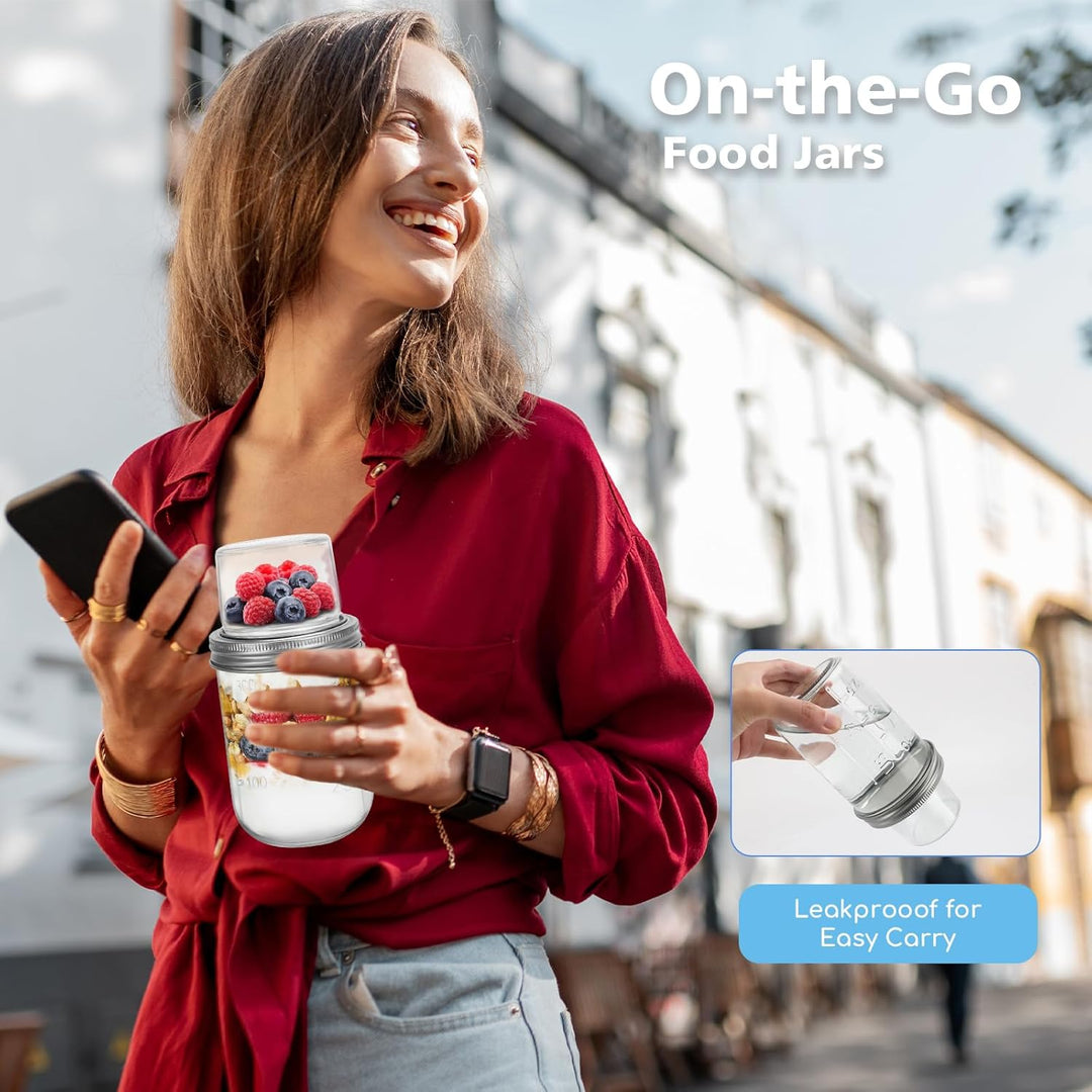4er Overnight Oats Gläser 400ml+100ml, Joghurtbecher to go mit Doppelschicht-Design und Edelstahlöff