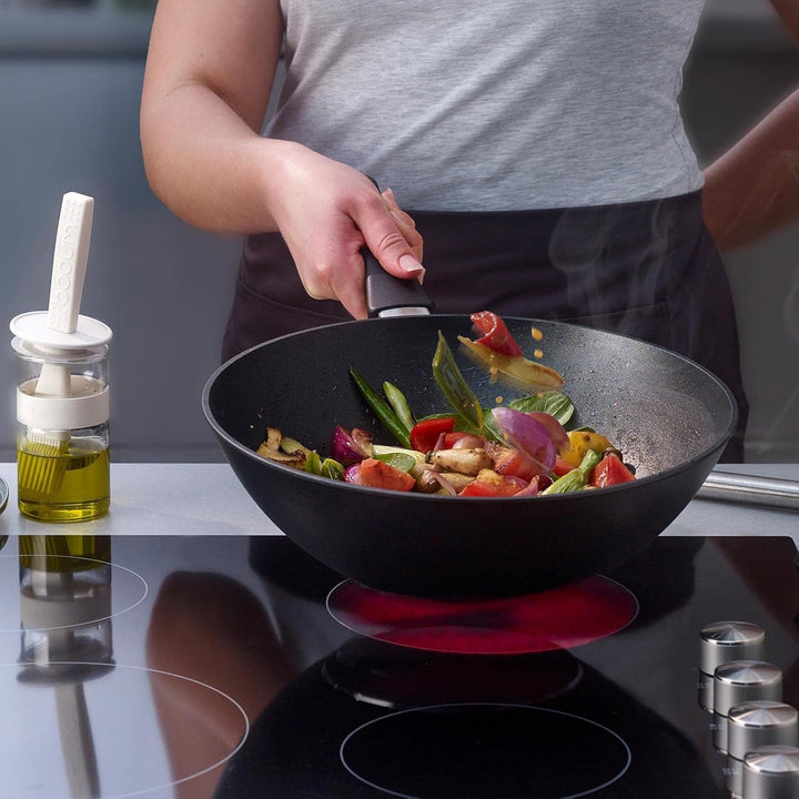 Eurolux leichter Stiel-Wok Ø 30 cm Induktion Set mit Deckel - grosse induktionsgeeignete Guss-Wok-Pf