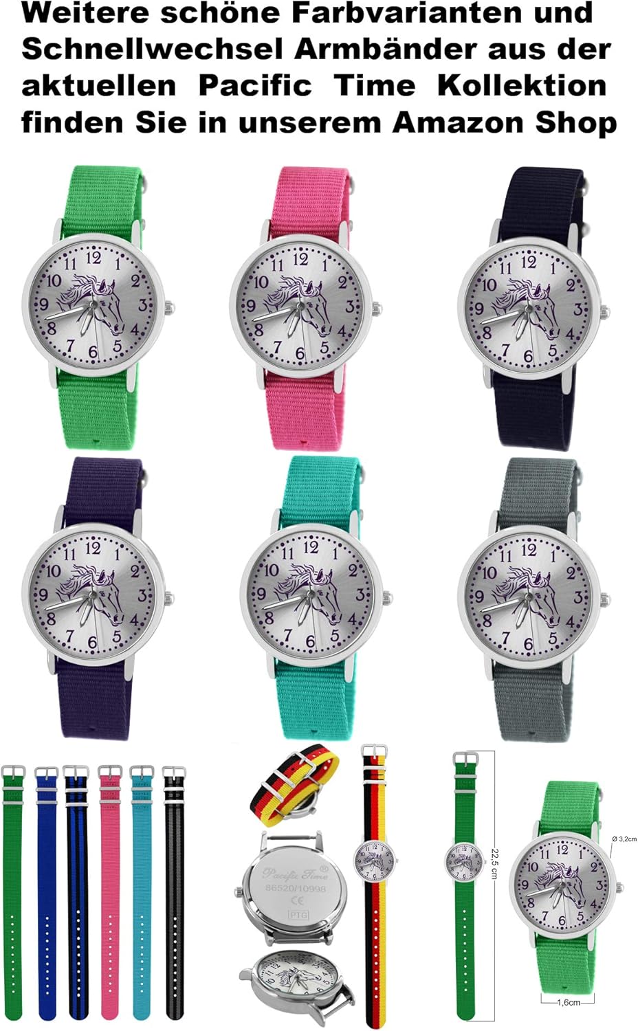 Pacific Time Mädchen Uhr Pferde analog Quarz mit Textil Wechselarmband hell blau