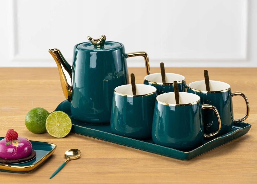HowHomely Keramik Kaffeeservice für 4 Personen Modern - Grün Set mit Kanne, 4 Tassen und Serviertabl
