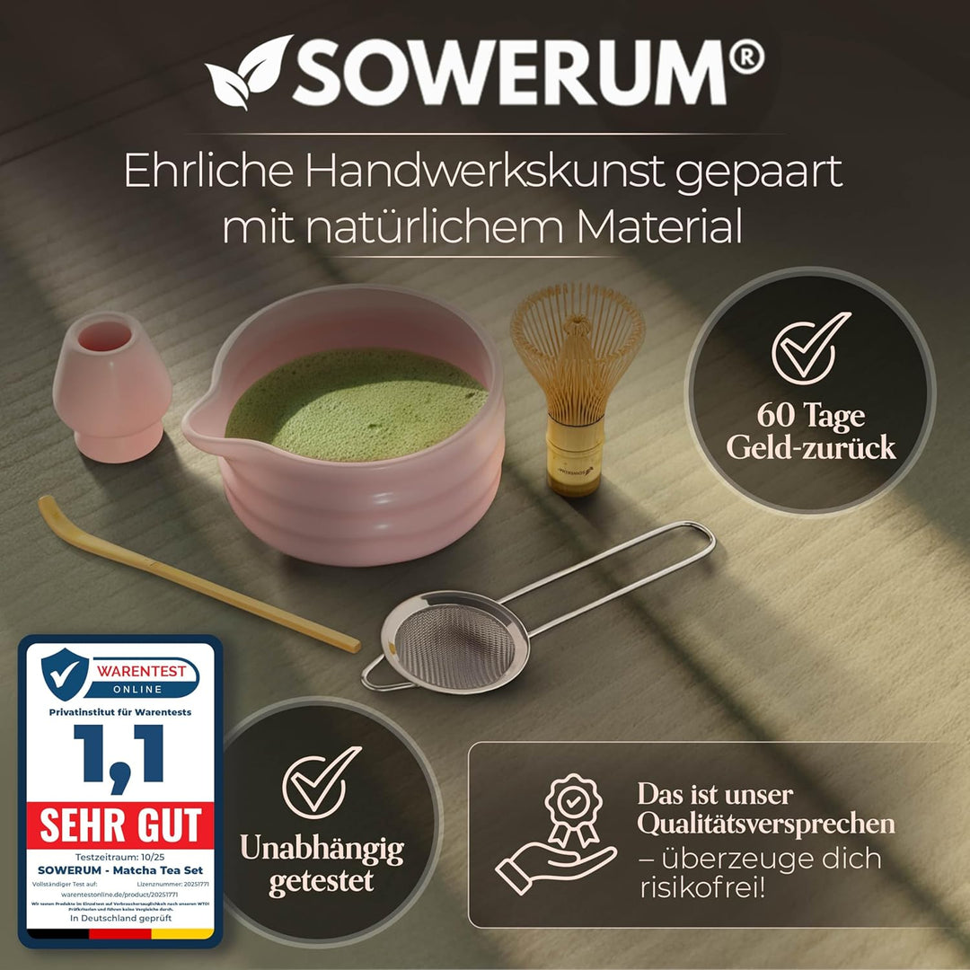 Matcha Set Rosa 5-teilig Schale mit Ausgiesser und [EXTRA ROBUSTEM] Matchabesen Spülmaschinenfest Ma