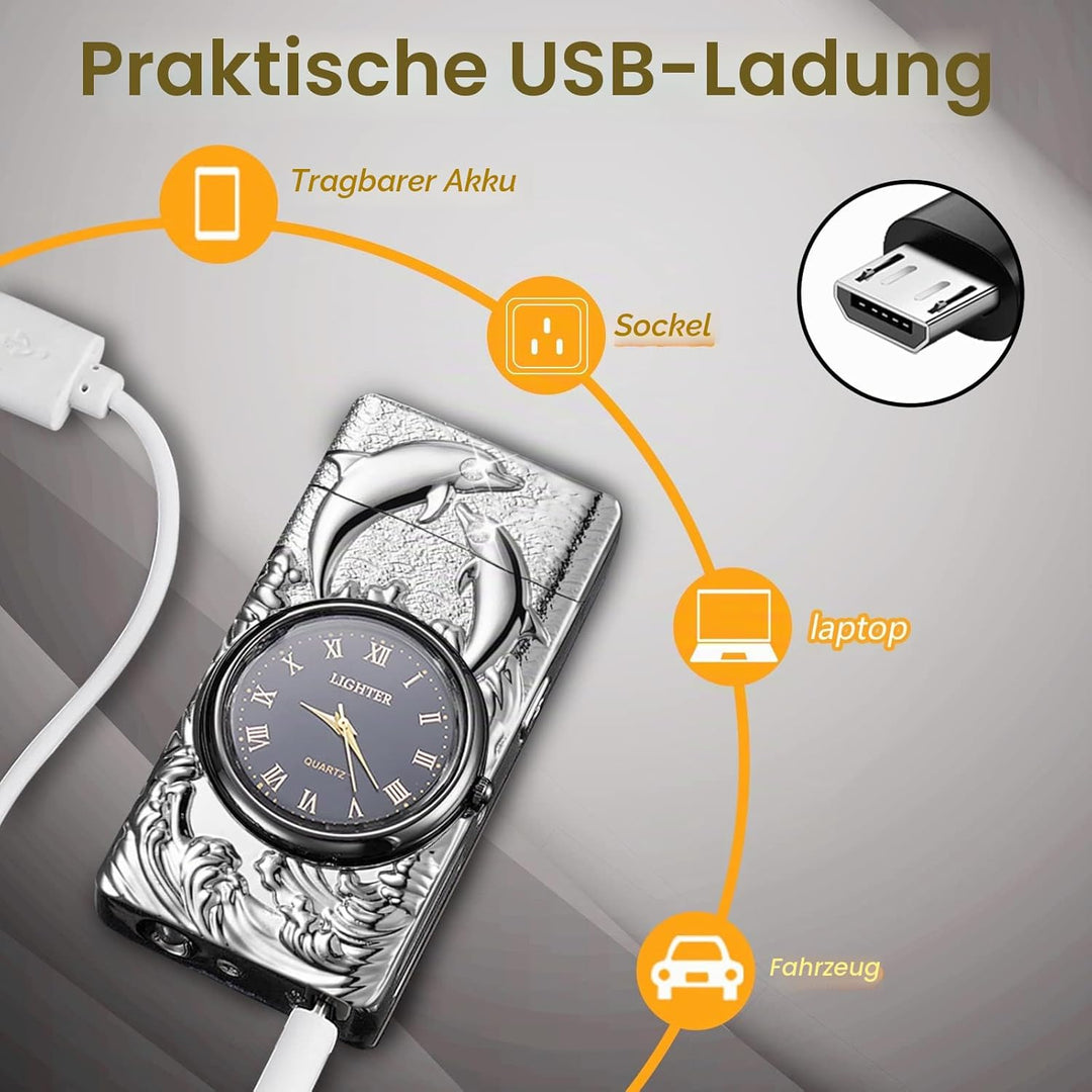 RSBYE Feuerzeug Elektrisch Delphin, Feuerzeug Personalisiert mit Uhr, Lichtbogen Feuerzeug USB Aufla