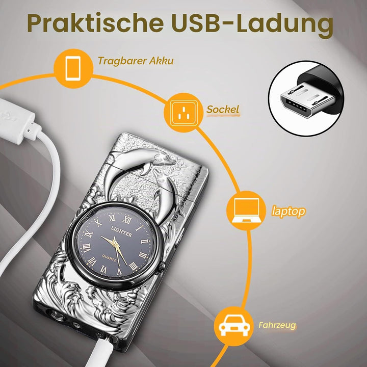 RSBYE Feuerzeug Elektrisch Delphin, Feuerzeug Personalisiert mit Uhr, Lichtbogen Feuerzeug USB Aufla