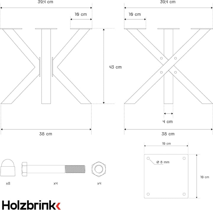 HOLZBRINK Tischbeine aus Metall, Tischgestell für Beistelltisch Computertisch Gartentisch, 40x40x43