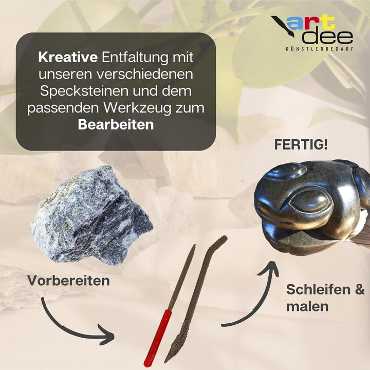 artdee® Speckstein Set 1,5kg mit (5 Feilen und 8 Specksteinraspeln) – Werkzeug zum Schnitzen und Fei