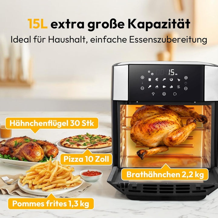 LLIVEKIT 15L Heissluftfritteuse, Heissluft-Backofen 90% weniger Öl, Air Fryer XXL 1800W, 10 in 1 Min