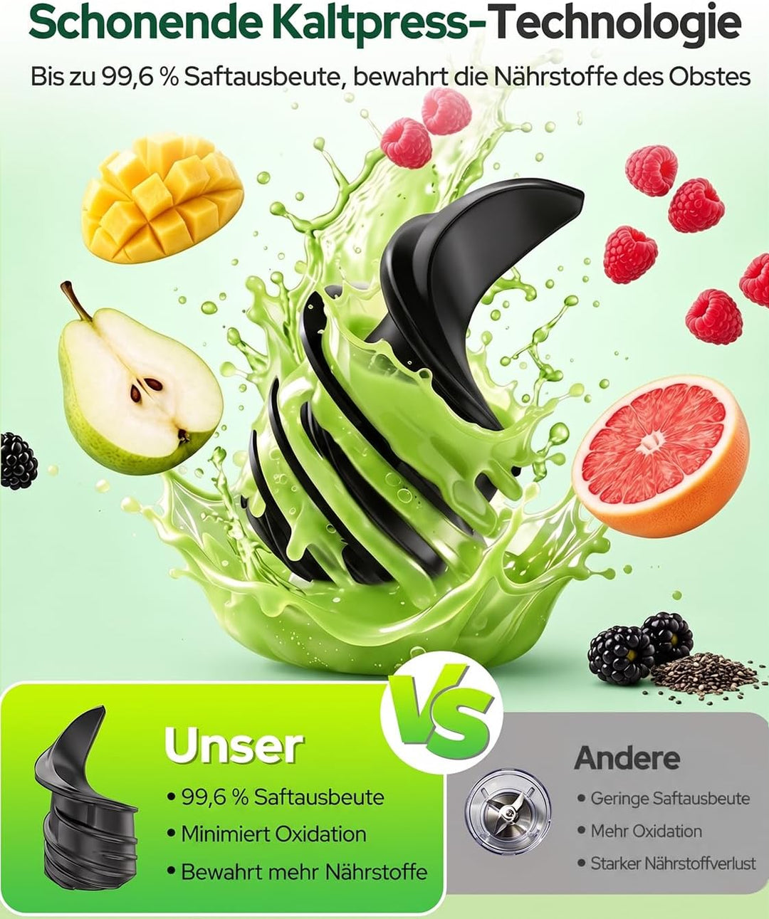 2026 Verbesserter Slow Juicer, Entsafter mit 155 MM Breitem Einfüllschacht und 2,5 L Einfülltrichter