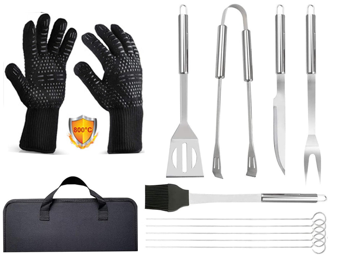 Amalan eu GrillbesteckSet 9 teilig +BBQ Grillhandschuhe Ofenhandschuhe Hitzebeständige bis zu 800 °