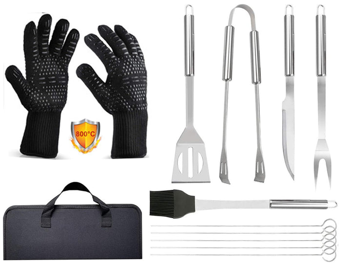 Amalan eu GrillbesteckSet 9 teilig +BBQ Grillhandschuhe Ofenhandschuhe Hitzebeständige bis zu 800 °