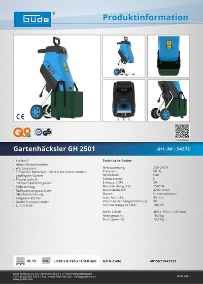 Güde Gartenhäcksler GH 2501 (2500 W, Messertechnik, wartungsarm, Selbsteinzug, Transporträder, Überl