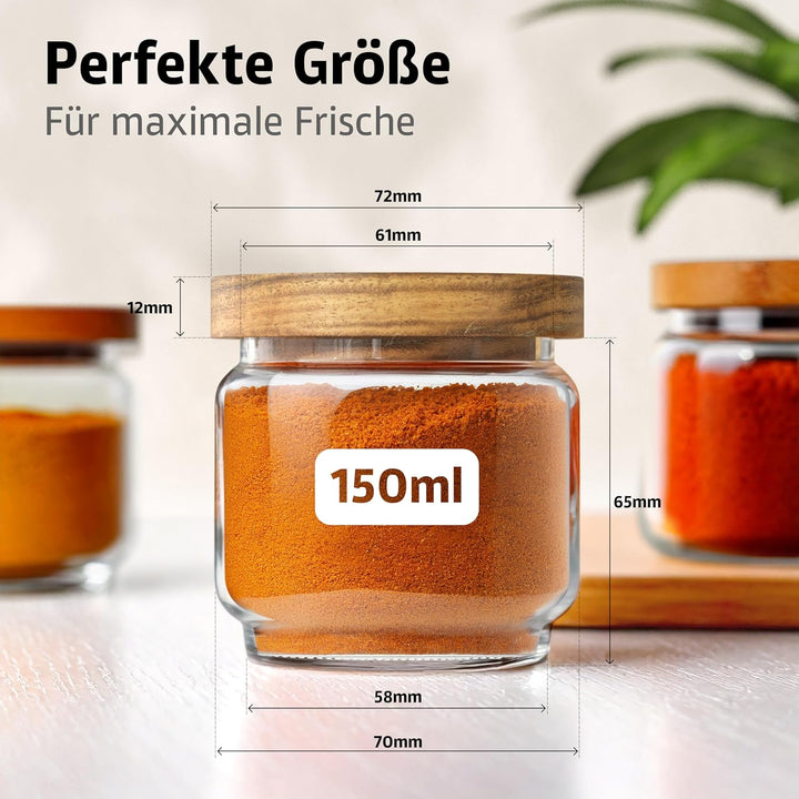ElbFuchs® Gewürzgläser Set NEU | 6x 150ml [ LUFTDICHT & BPA-FREI ] Gewürzgläser rund mit Holzdeckel