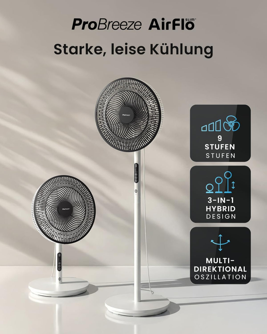 Pro Breeze AirFlo Slim Standventilator – 3-in-1: 70 | 100 | 130 cm | 9 Stufen bis 5,0 m/s | Leise 3