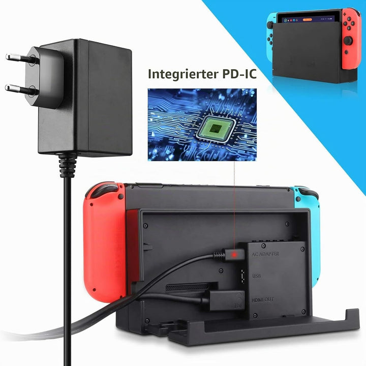 Ladegerät für Switch Console Netzteil Unterstützt TV-Modus Schnelles Aufladen mit 1,5m/5ft Kabel Kom