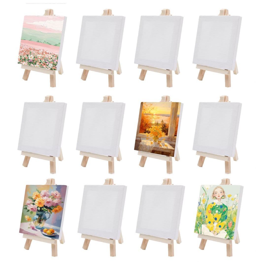 12 Stück Mini Staffelei mit Leinwand 10 x 10 cm Mini Staffelei handbemalte DIY Kreationstafel Tisch