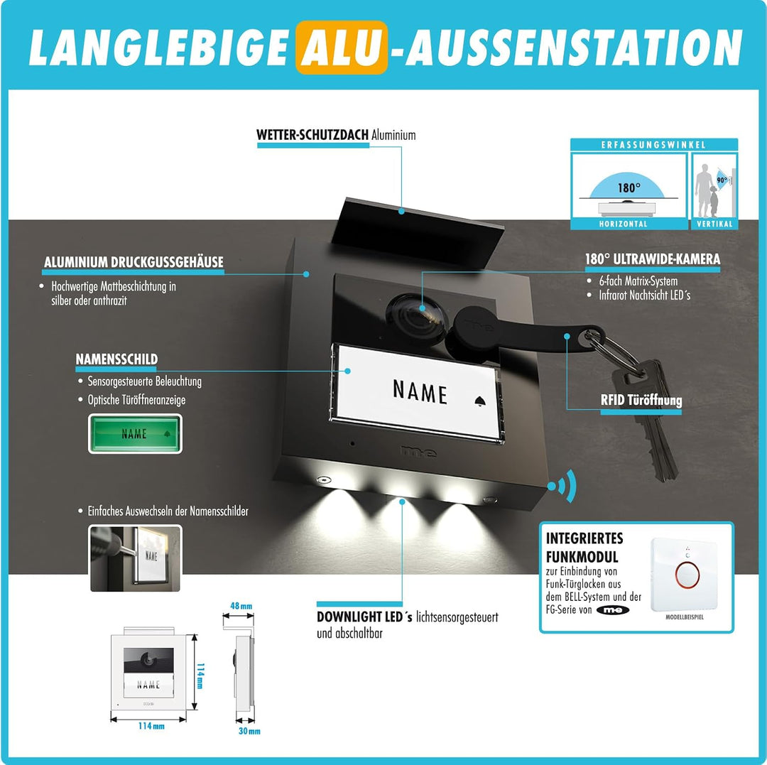 m-e Video-Türsprechanlage RFID anthrazit/weiss | Aluminium Aussenstation für 1-Familienhaus | 7“ Des