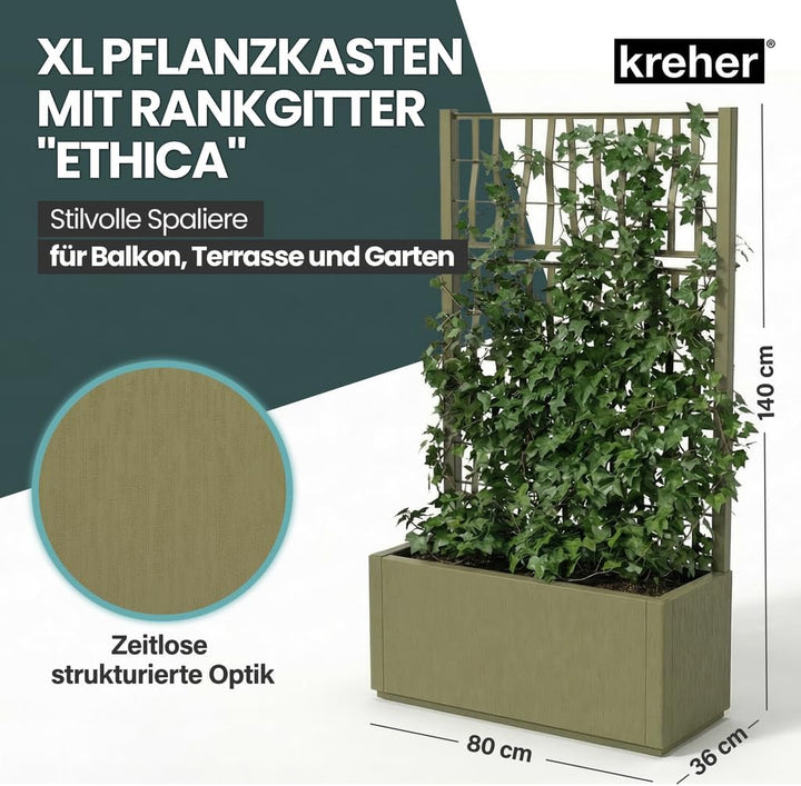 Kreher® XL Rankgitter, Spalier mit Pflanzkasten aus robustem Kunststoff. Masse BxTxH in cm: 80 x 36