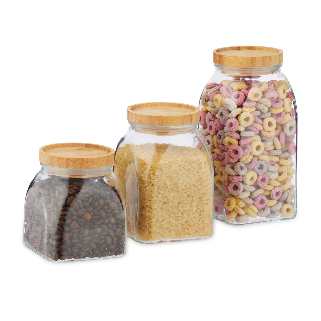 Relaxdays Vorratsgläser, 3er Set, Grössen 600, 1000, 1400 ml, für Müsli, Pasta, Linsen, Bambusdeckel