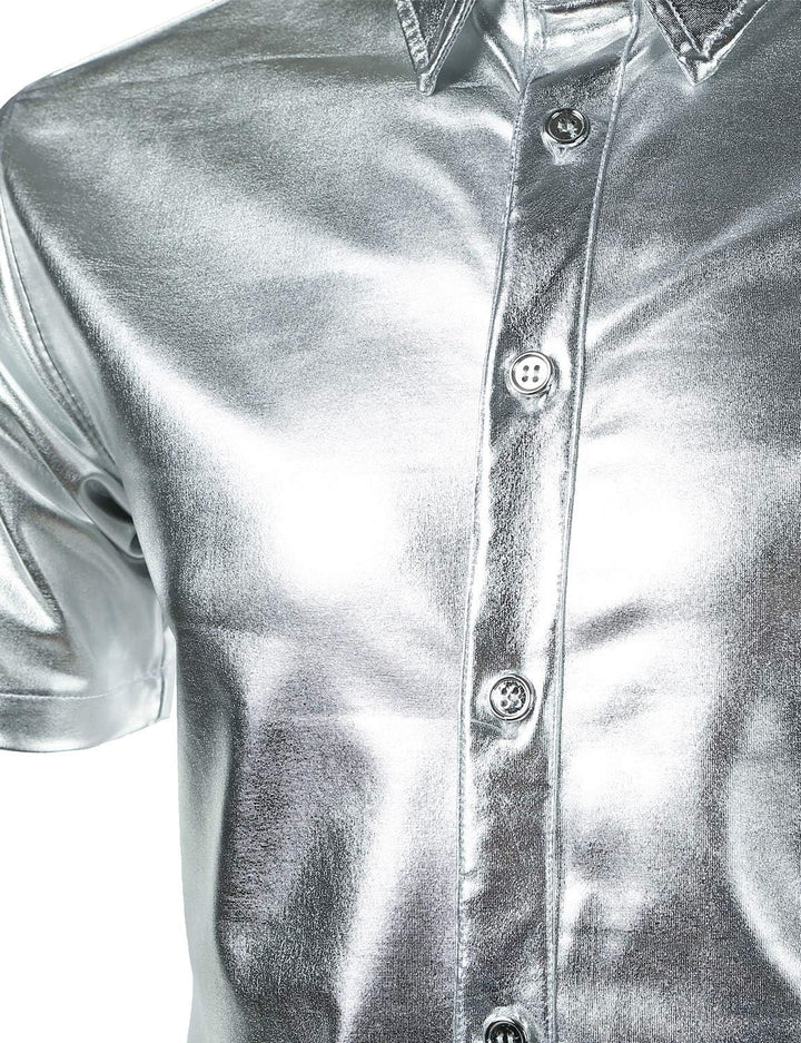 JOGAL Herren Metallic Glänzend Bronzing Nachtklub Party Hemd Silber XXL, Silber XXL