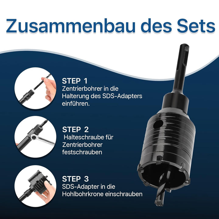 32MM Bohrkrone (XXL-Zähne) schwarz set mit 110mm SDS plus verlängerung und 4-Schneidigen Zentrierboh