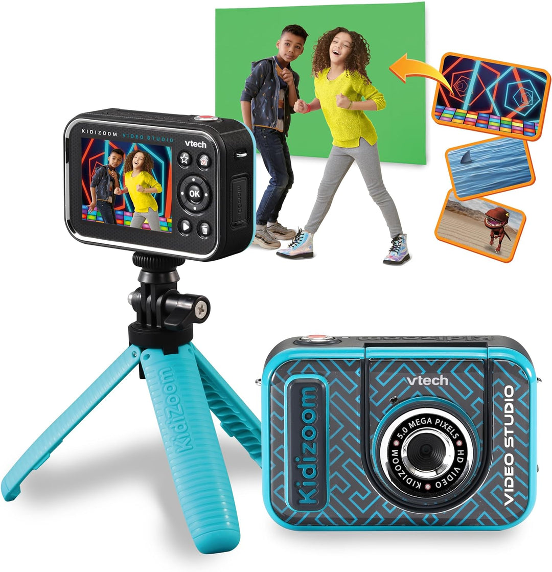VTech Kidizoom Video Studio HD blau – Kinderkamera mit Greenscreen, Stativ, Effekten, Selfielinse un