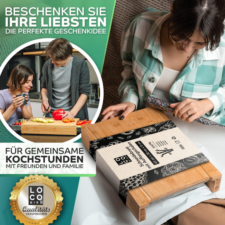 Loco Bird Premium Schneidebrett mit Auffangschalen - 44,8x30x7 cm - Ideales Gadget für die Küche - S